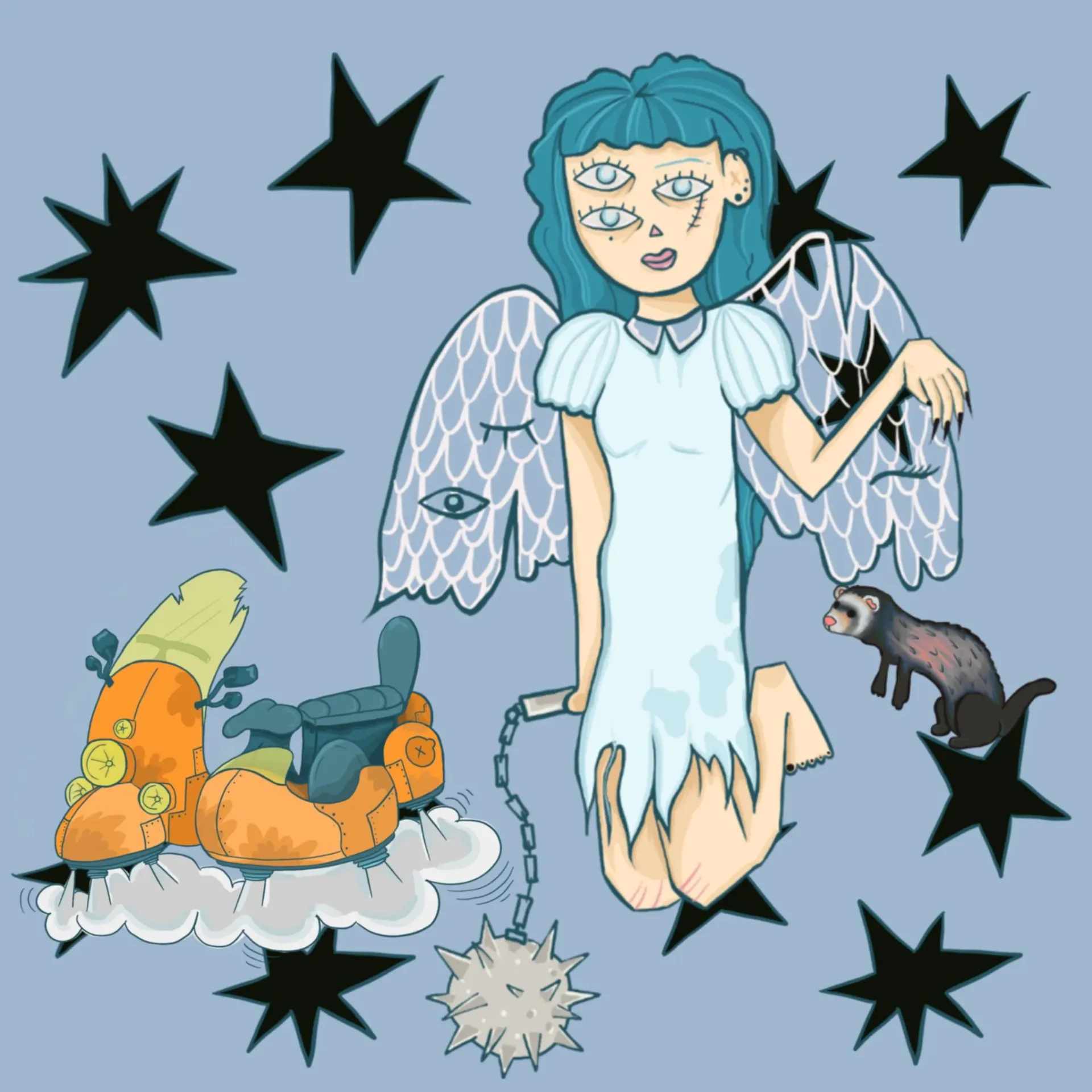 Ilustración — Ángel azul, una chica con alas y pelo azul
